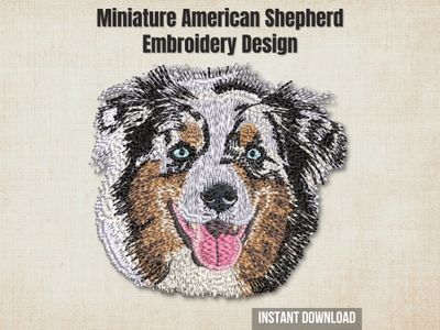 An embroidered Miniature American Shepherd design with blue eyes, displayed on a beige background with promotional text.