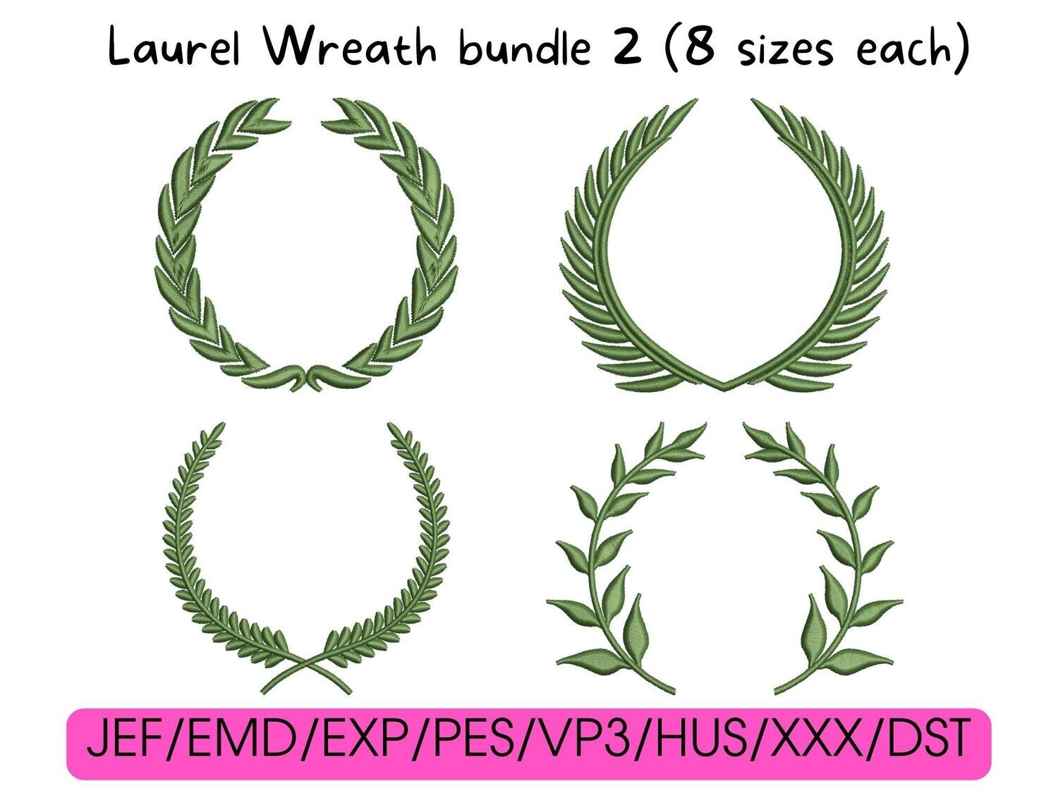Four green embroidered laurel wreath designs arranged in a grid, with file formats listed below.
