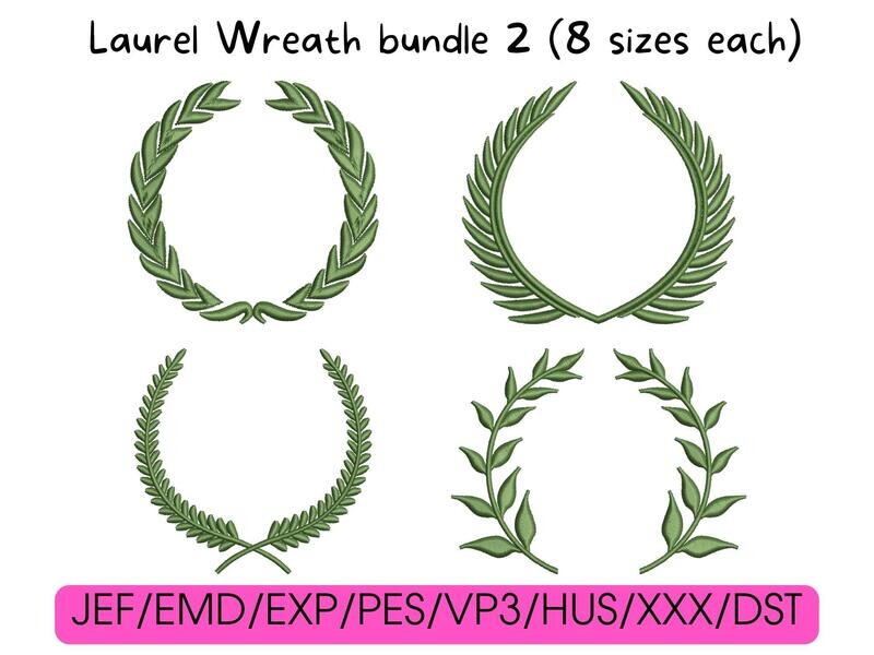 Four green embroidered laurel wreath designs arranged in a grid, with file formats listed below.