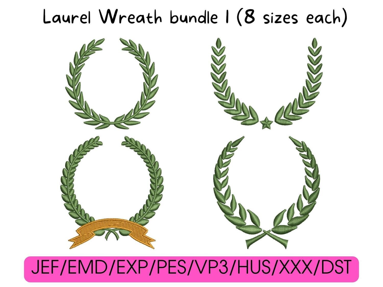 Four green embroidered laurel wreath designs arranged in a grid, with file formats listed below.