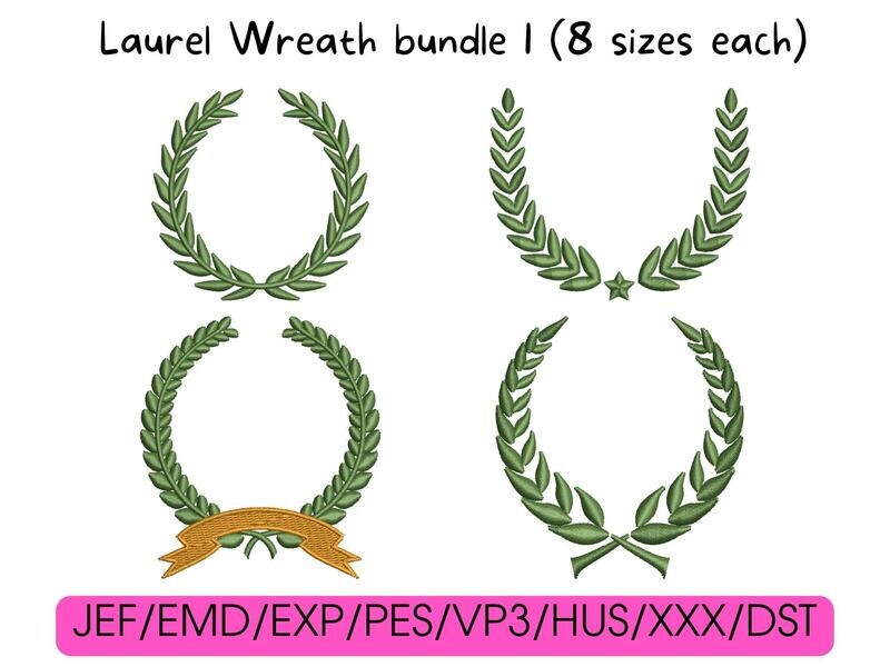 Four green embroidered laurel wreath designs arranged in a grid, with file formats listed below.