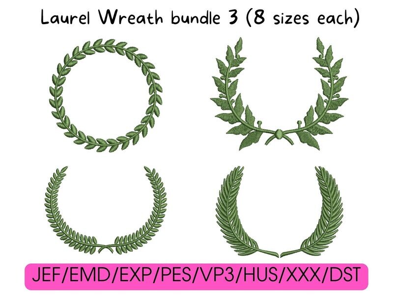 Four dark green embroidered laurel wreath designs arranged in a grid, with file formats listed below.
