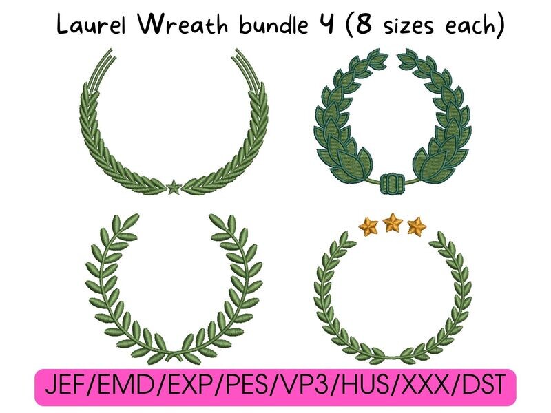 Four different green embroidered laurel wreath designs arranged in a grid, with file formats listed below. 