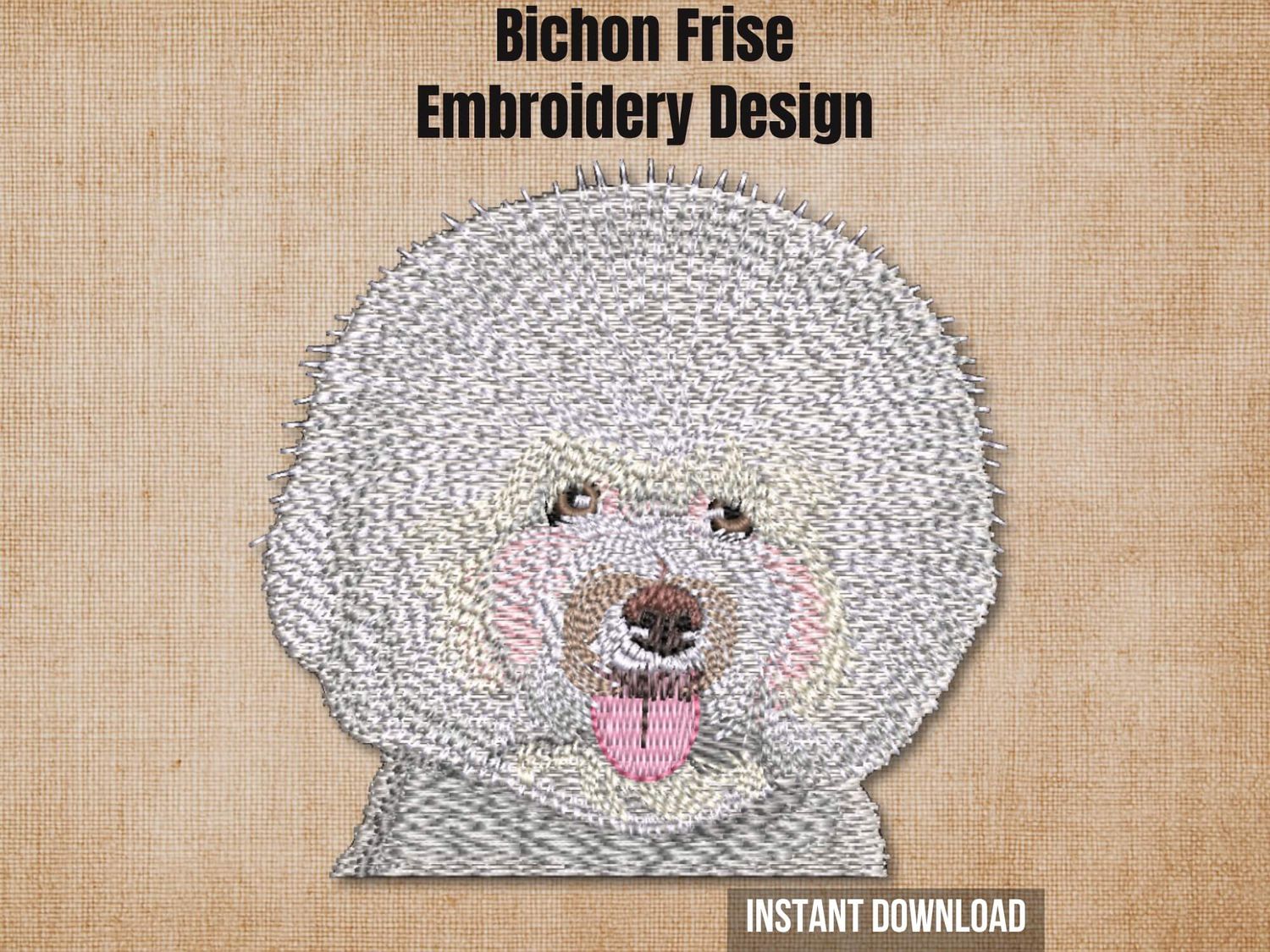 Etsy cover graphic: Bichon Frise embroidery design on textured burlap with instant download tag.