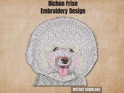 Etsy cover graphic: Bichon Frise embroidery design on textured burlap with instant download tag.