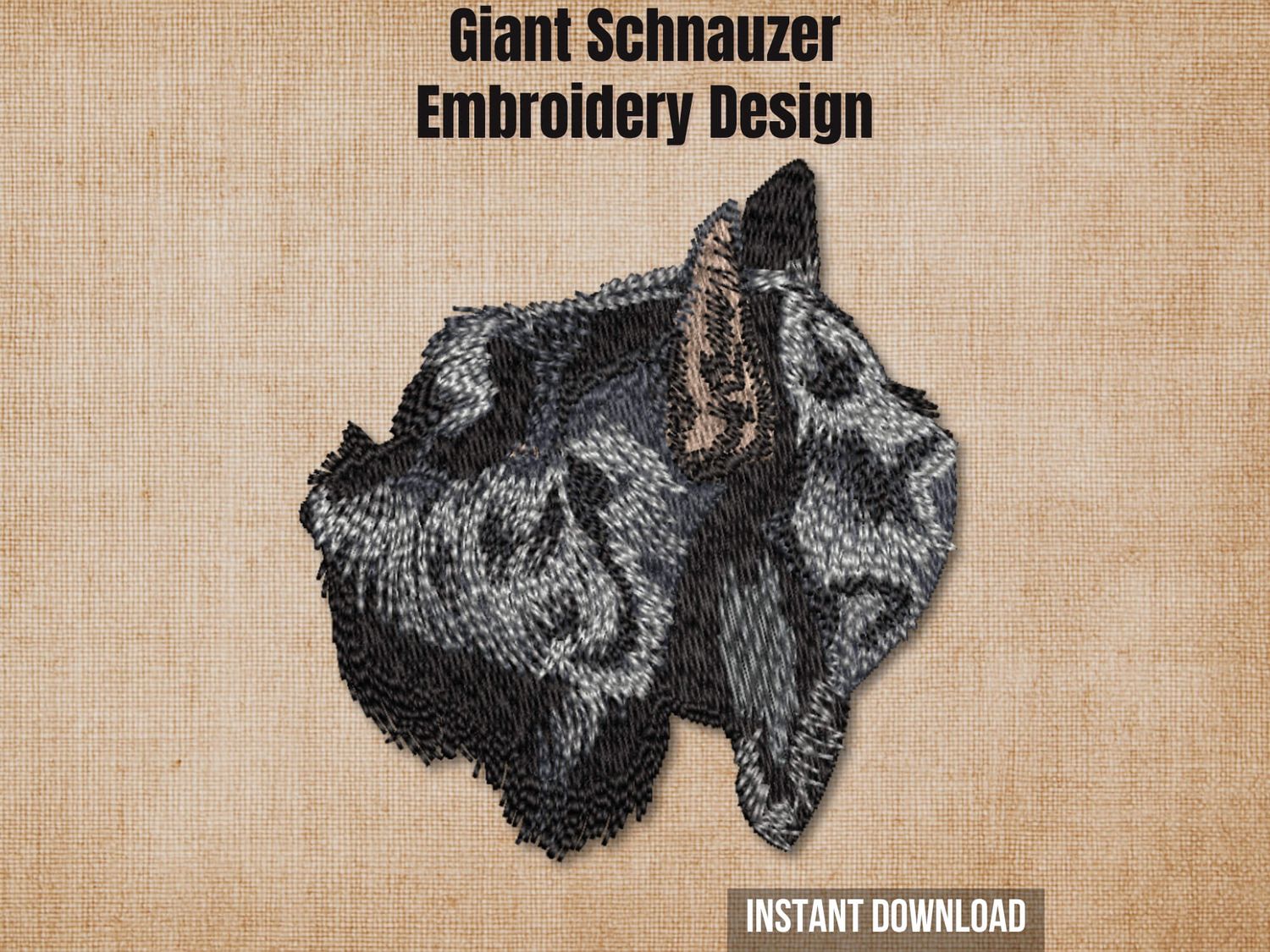 Giant Schnauzer embroidery design preview card on a beige background with instant download text.