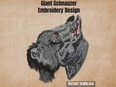 Cover graphic displaying the Giant Schnauzer embroidery design on a textured burlap background with an instant download tag.