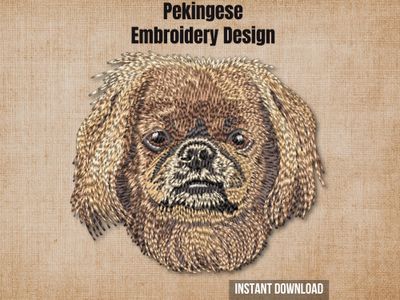 Pekingese embroidery design graphic on a burlap background with "Instant Download" text.