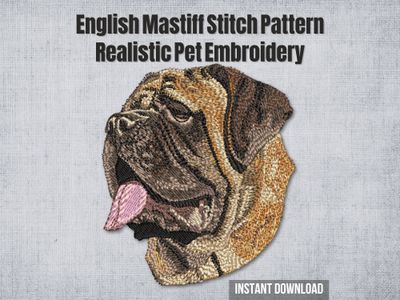 Golden, brown, and black thread embroidery of an English Mastiff with pink tongue and short fur on a light fabric background.
