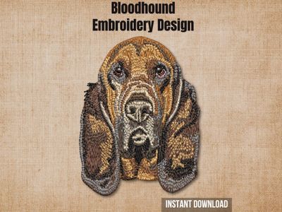Bloodhound machine embroidery design on a textured burlap background with an instant download tag.