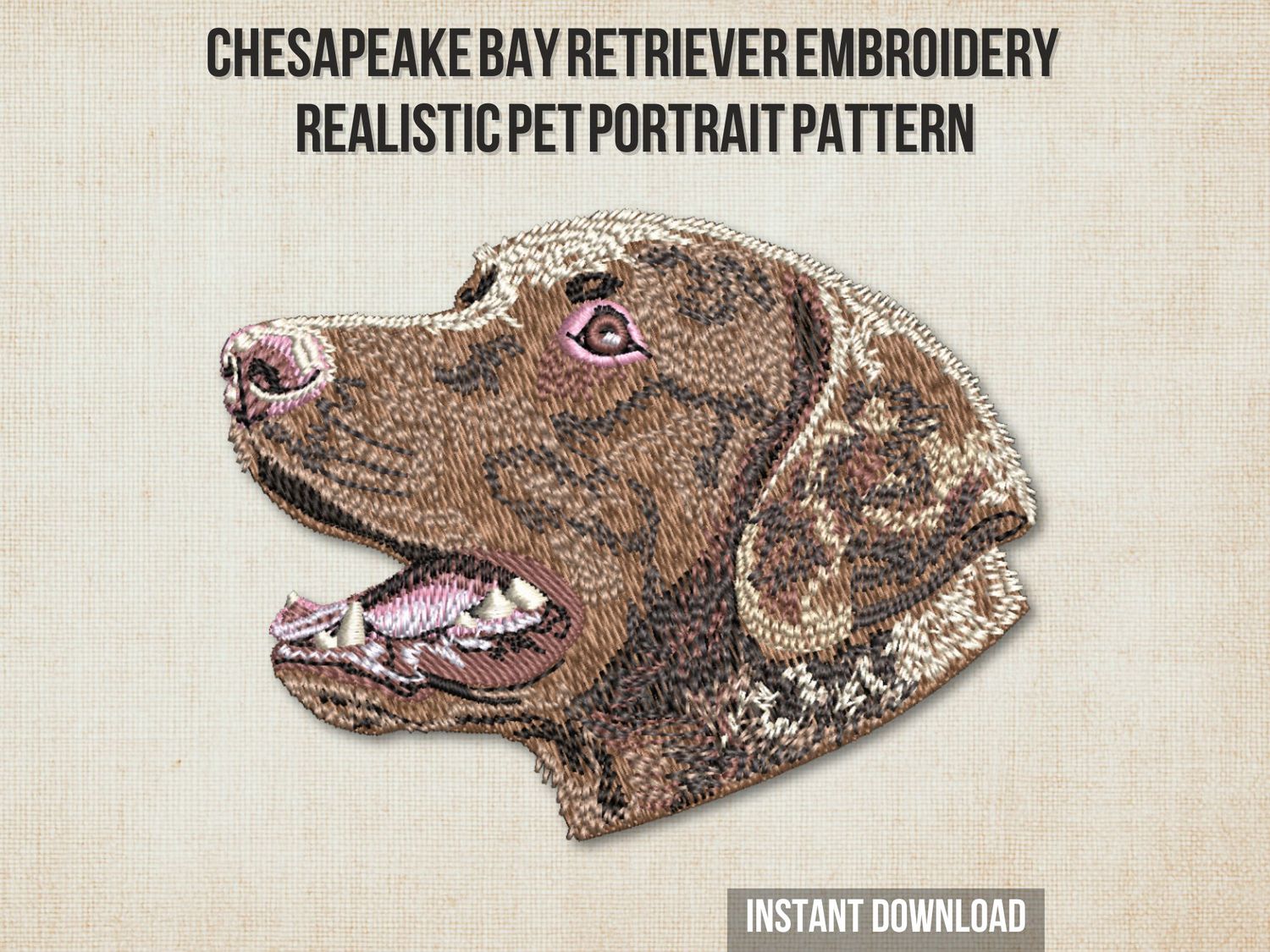 Embroidery of a Chesapeake Bay Retriever dog head in brown and tan thread with open mouth and detailed fur on a light fabric.