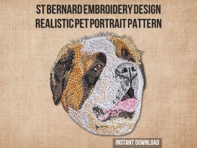Embroidery of a St Bernard dog head in brown, white, and black thread with pink tongue on a light fabric background.