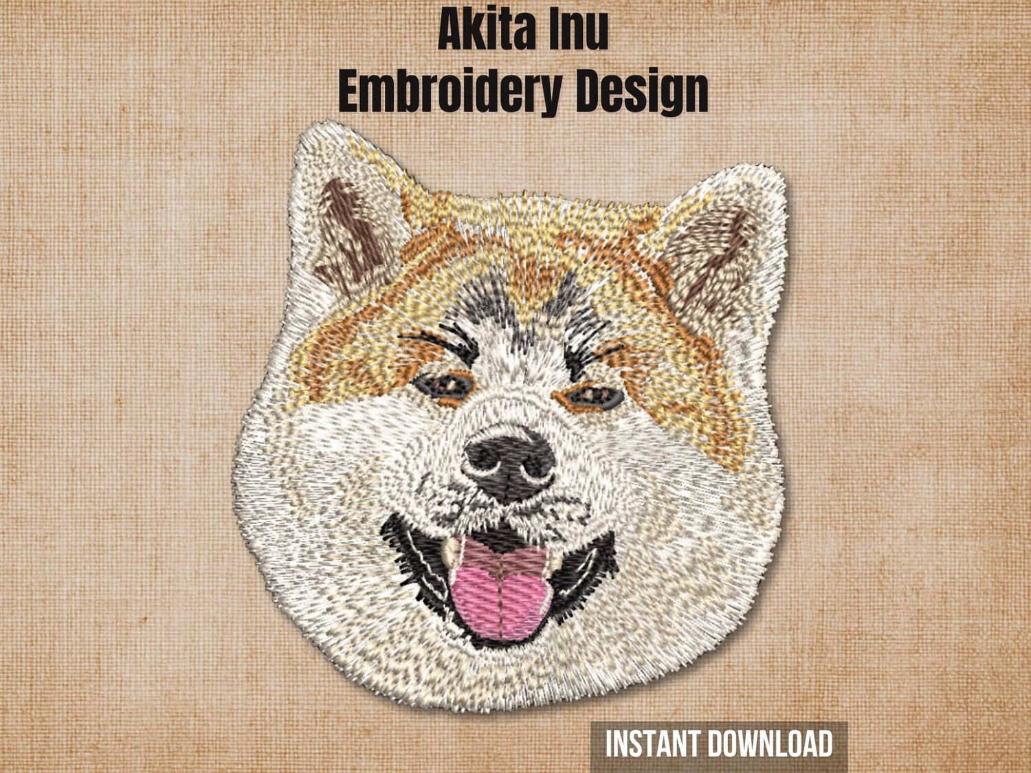 Akita Inu machine embroidery design on a textured burlap background with an instant download tag.