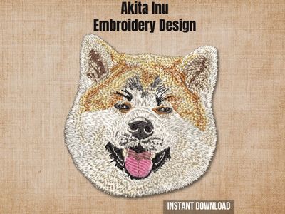 Akita Inu machine embroidery design on a textured burlap background with an instant download tag.