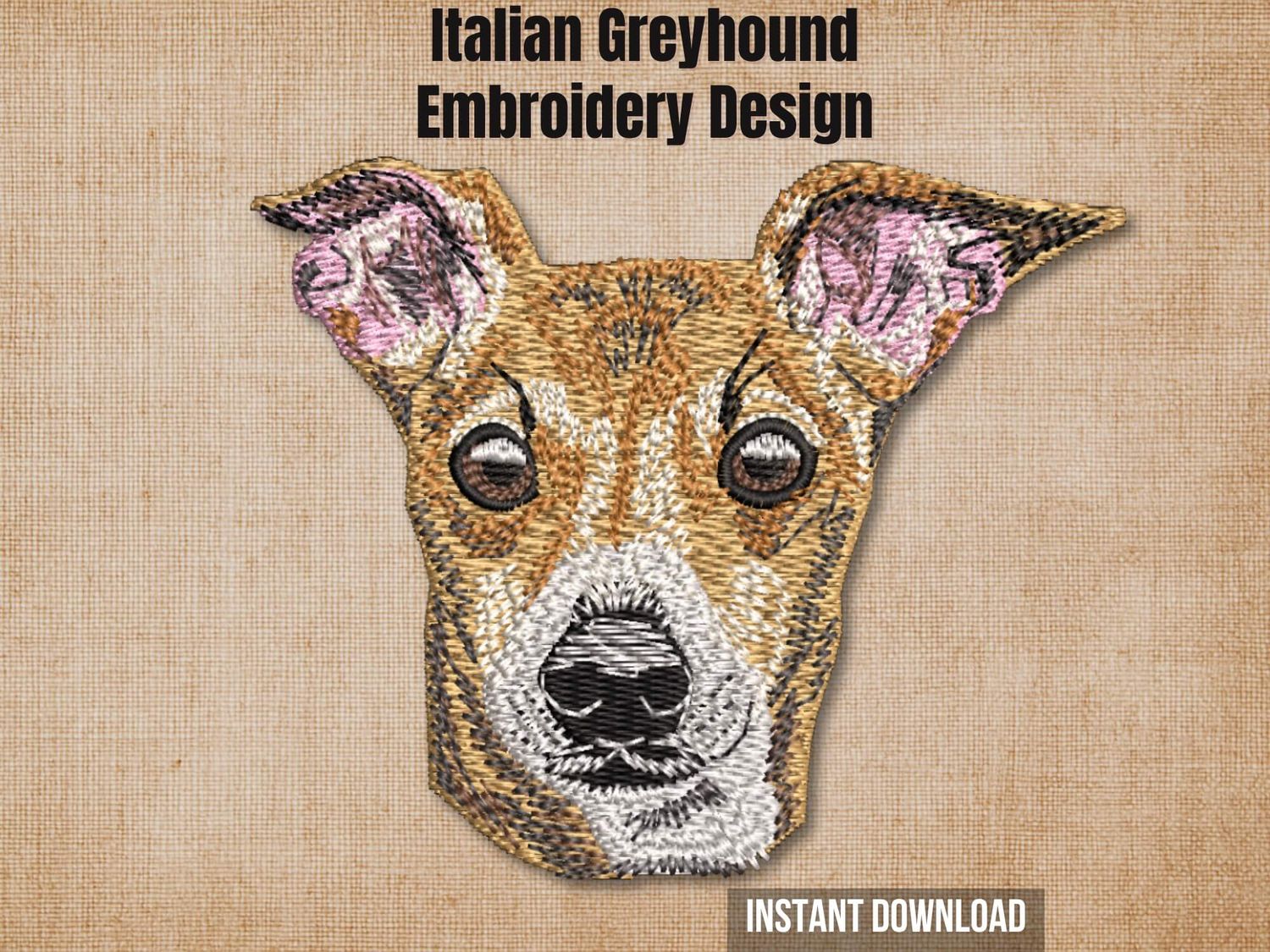 Italian Greyhound machine embroidery design on a textured burlap background with an instant download tag.