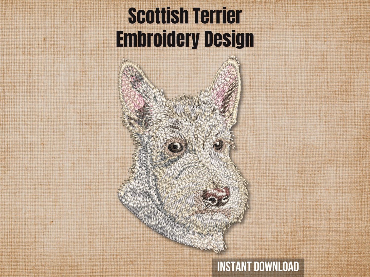 Scottish Terrier digital embroidery design mockup over a textured tan fabric background.