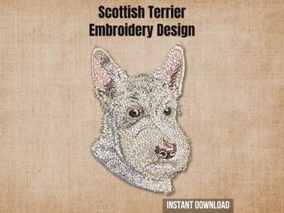 Scottish Terrier digital embroidery design mockup over a textured tan fabric background.