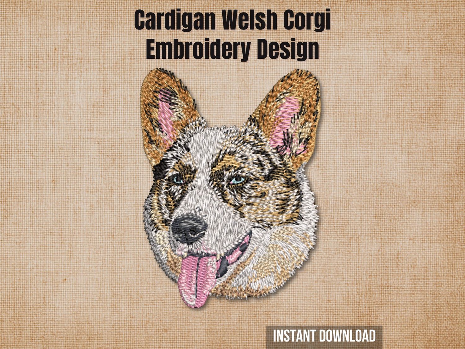 Cardigan Welsh Corgi digital embroidery design mockup over a textured tan fabric background.