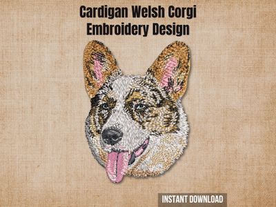 Cardigan Welsh Corgi digital embroidery design mockup over a textured tan fabric background.