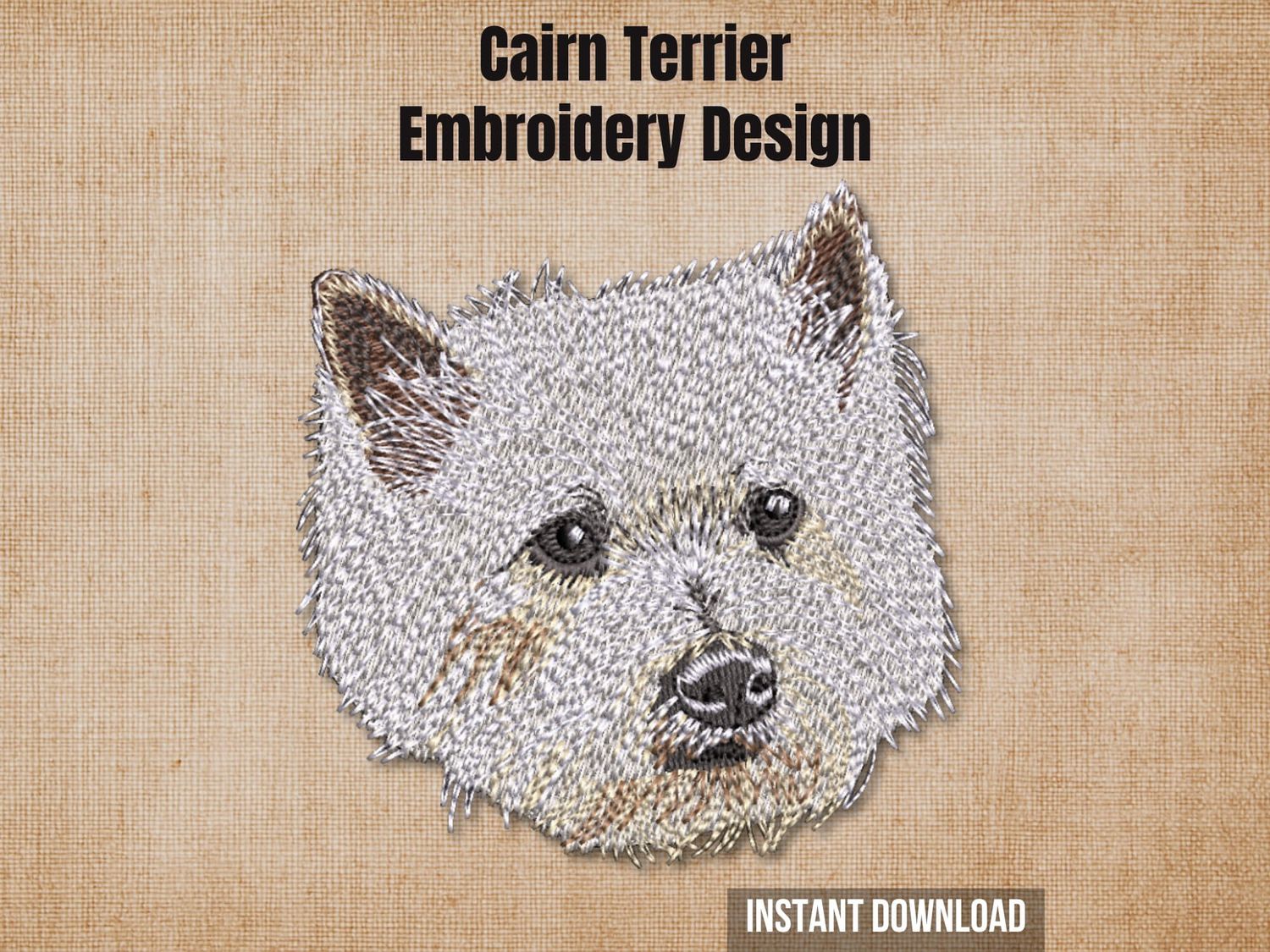 Cairn Terrier digital embroidery design mockup over a textured tan fabric background.