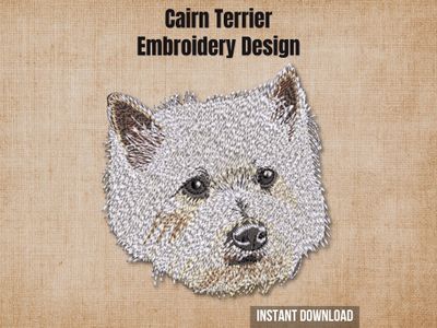 Cairn Terrier digital embroidery design mockup over a textured tan fabric background.