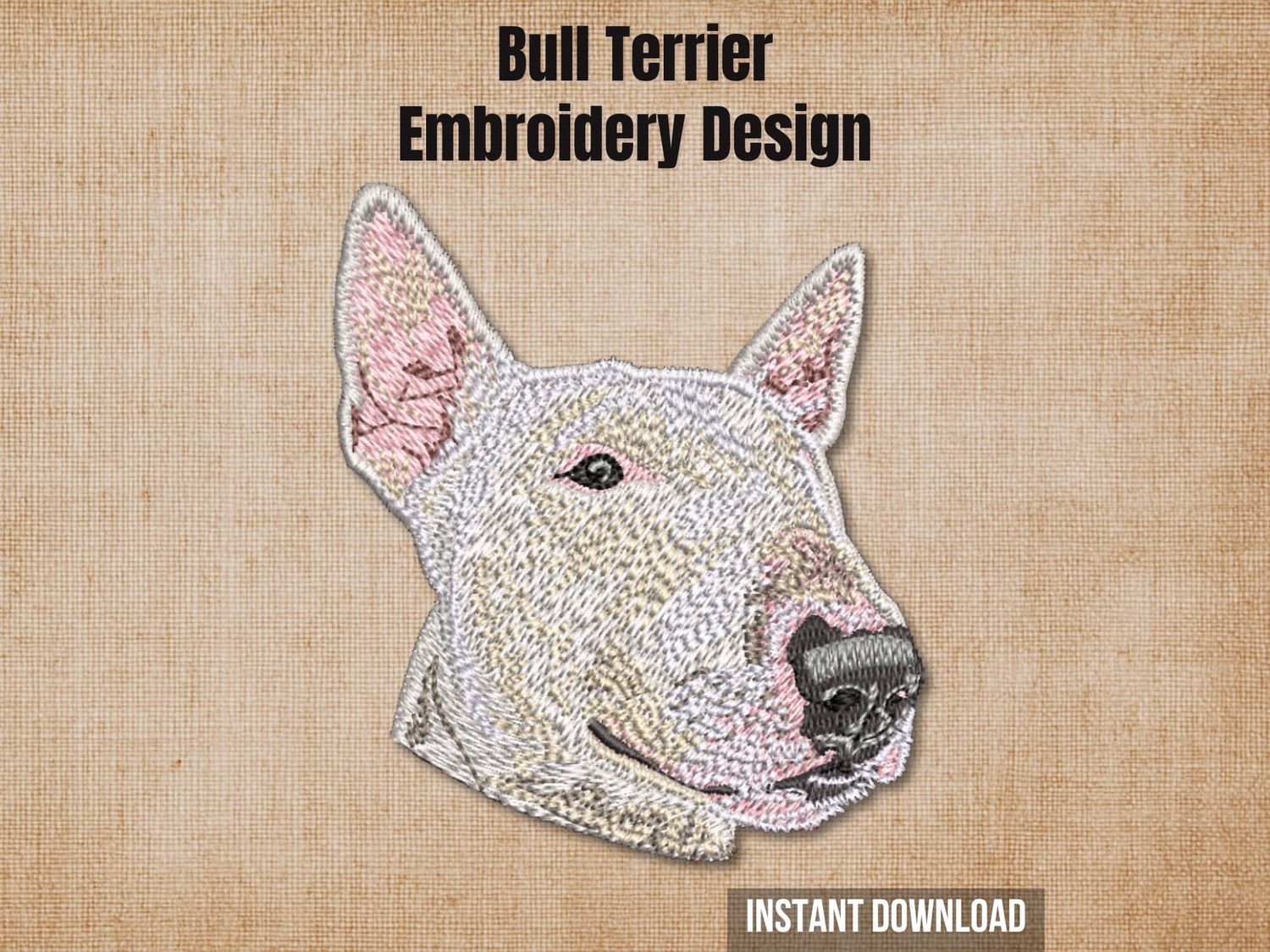 Bull Terrier digital embroidery design mockup over a textured tan fabric background.