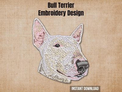 Bull Terrier digital embroidery design mockup over a textured tan fabric background.