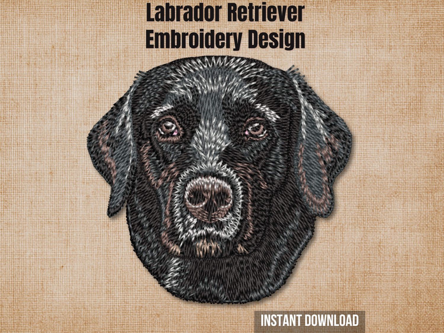 Black Lab machine embroidery design on a textured burlap background with an instant download tag.