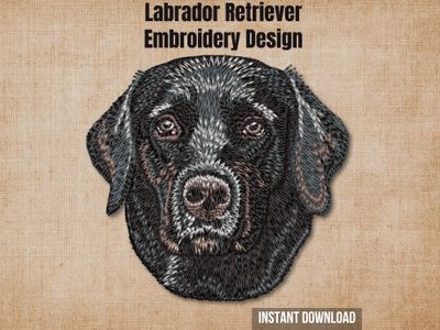 Black Lab machine embroidery design on a textured burlap background with an instant download tag.