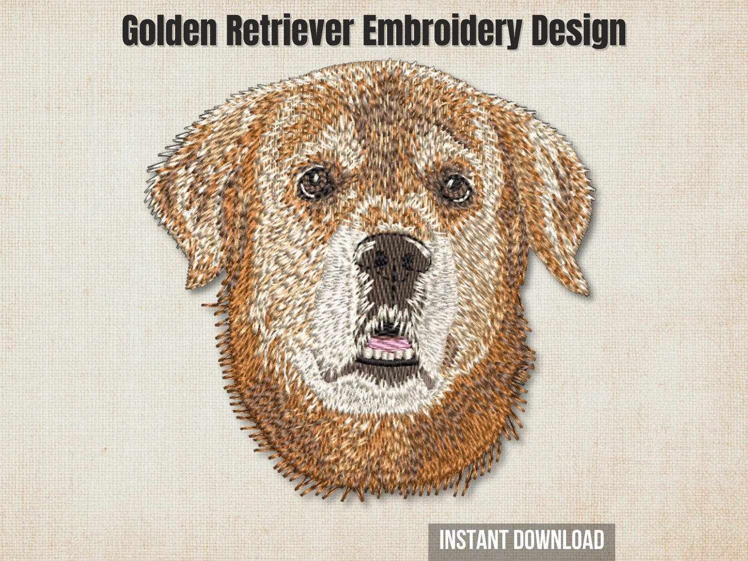 An embroidered Golden Retriever dog head design, displayed on a textured beige background with promo text overlays.