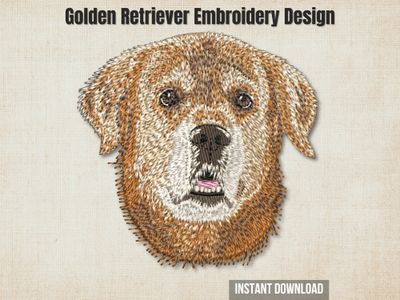 An embroidered Golden Retriever dog head design, displayed on a textured beige background with promo text overlays.