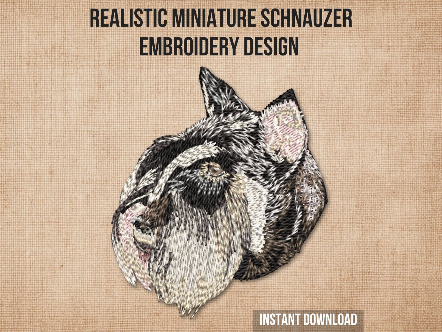 Embroidery of a Miniature Schnauzer dog with black, gray, and tan fur, and realistic stitching on beige fabric.