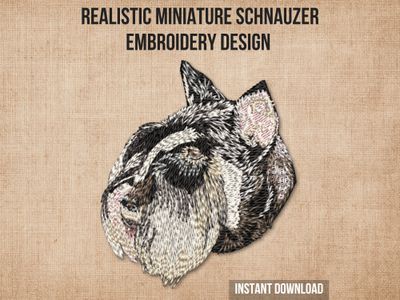 Embroidery of a Miniature Schnauzer dog with black, gray, and tan fur, and realistic stitching on beige fabric.