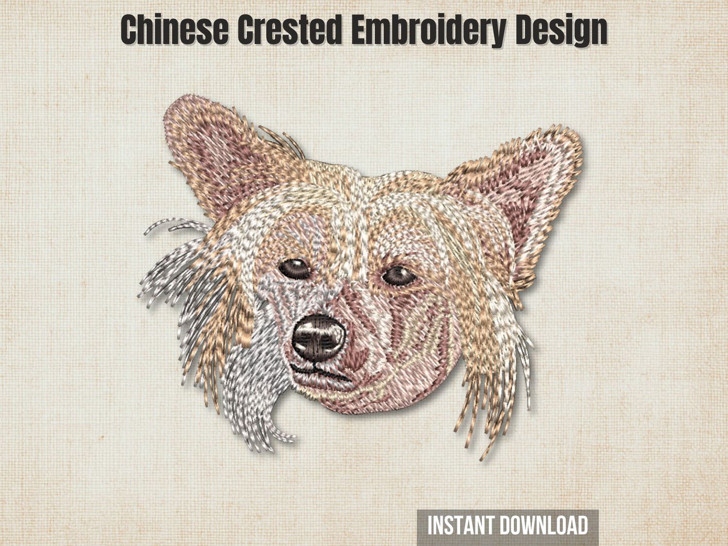 An embroidered Chinese Crested dog head, displayed on a textured beige background with promotional text overlays.
