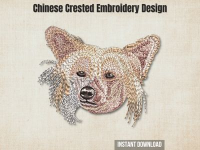 An embroidered Chinese Crested dog head, displayed on a textured beige background with promotional text overlays.