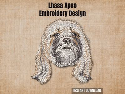 Lhasa Apso digital embroidery design mockup over a textured tan fabric background.