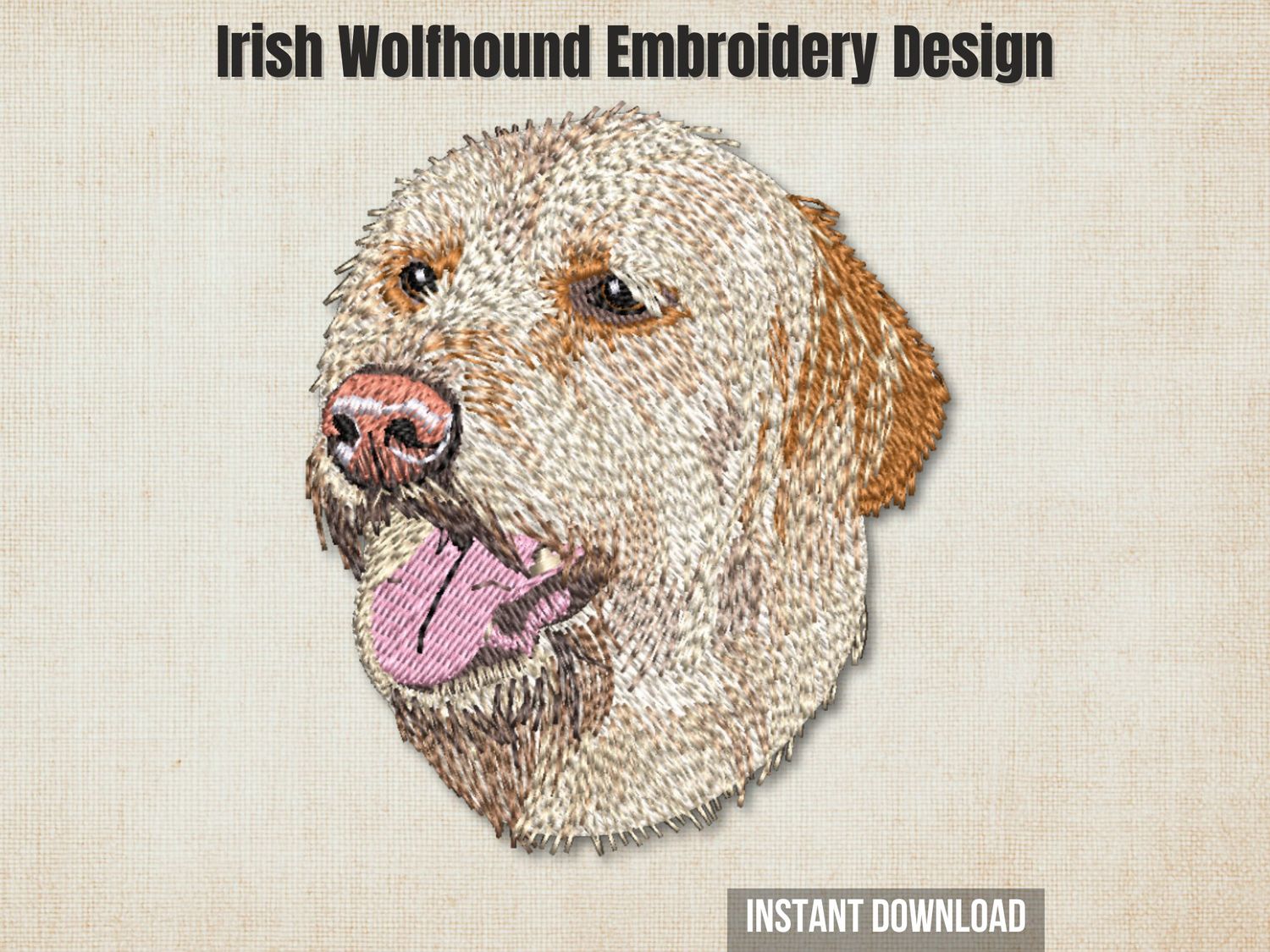 An embroidered Irish Wolfhound dog head, displayed on a textured beige background with promotional text overlays.