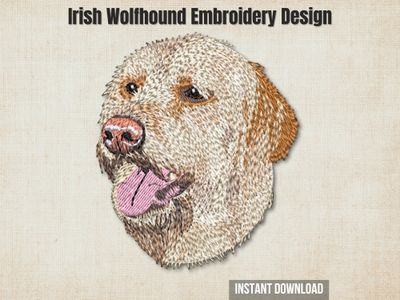 An embroidered Irish Wolfhound dog head, displayed on a textured beige background with promotional text overlays.