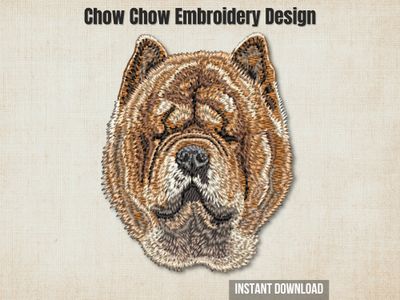 An embroidered Chow Chow dog head, displayed on a textured beige background with promotional text overlays.