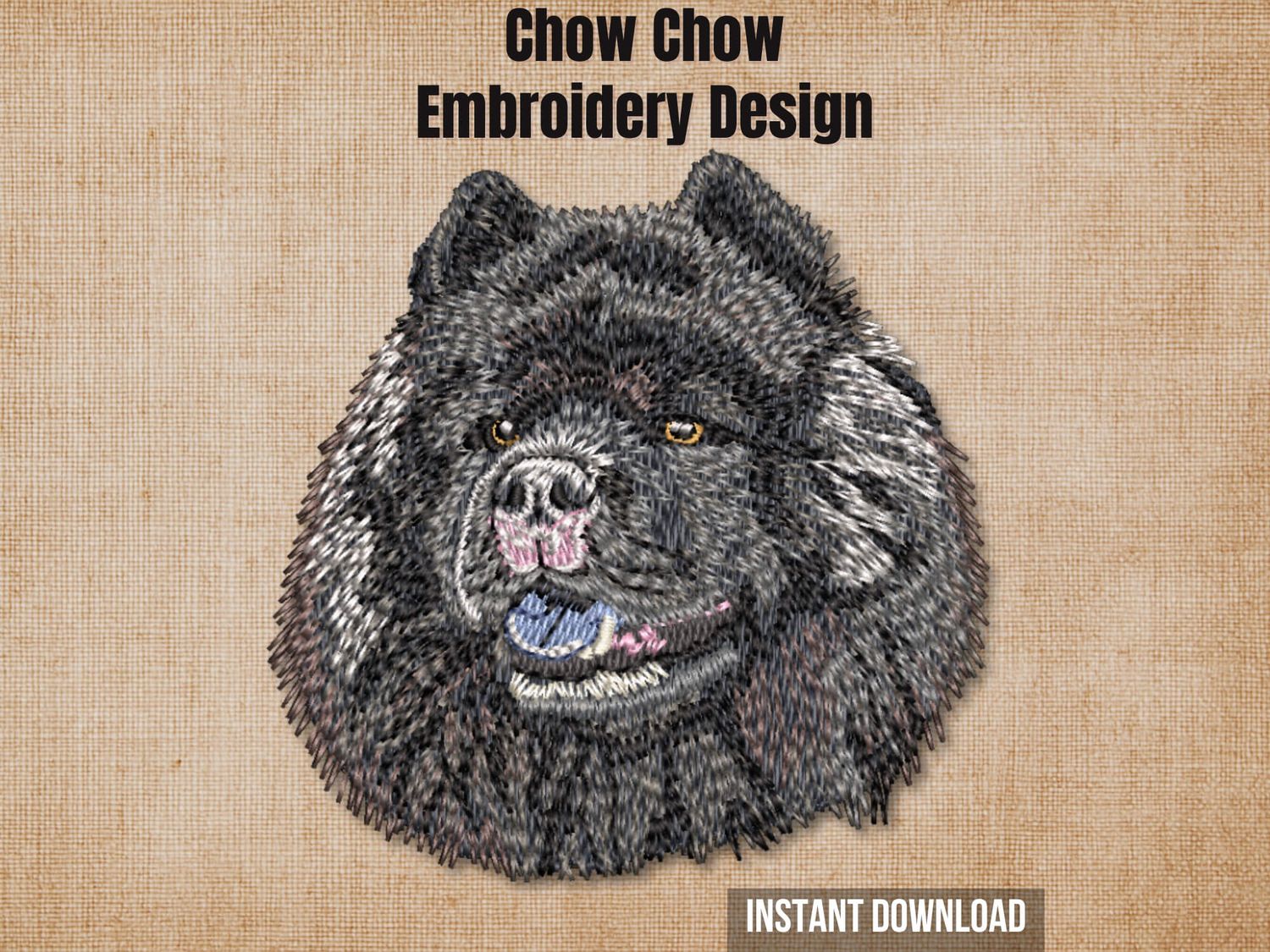 Black Chow Chow machine embroidery design on burlap with download tag.