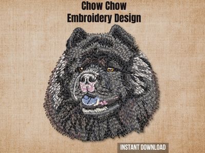Black Chow Chow machine embroidery design on burlap with download tag.