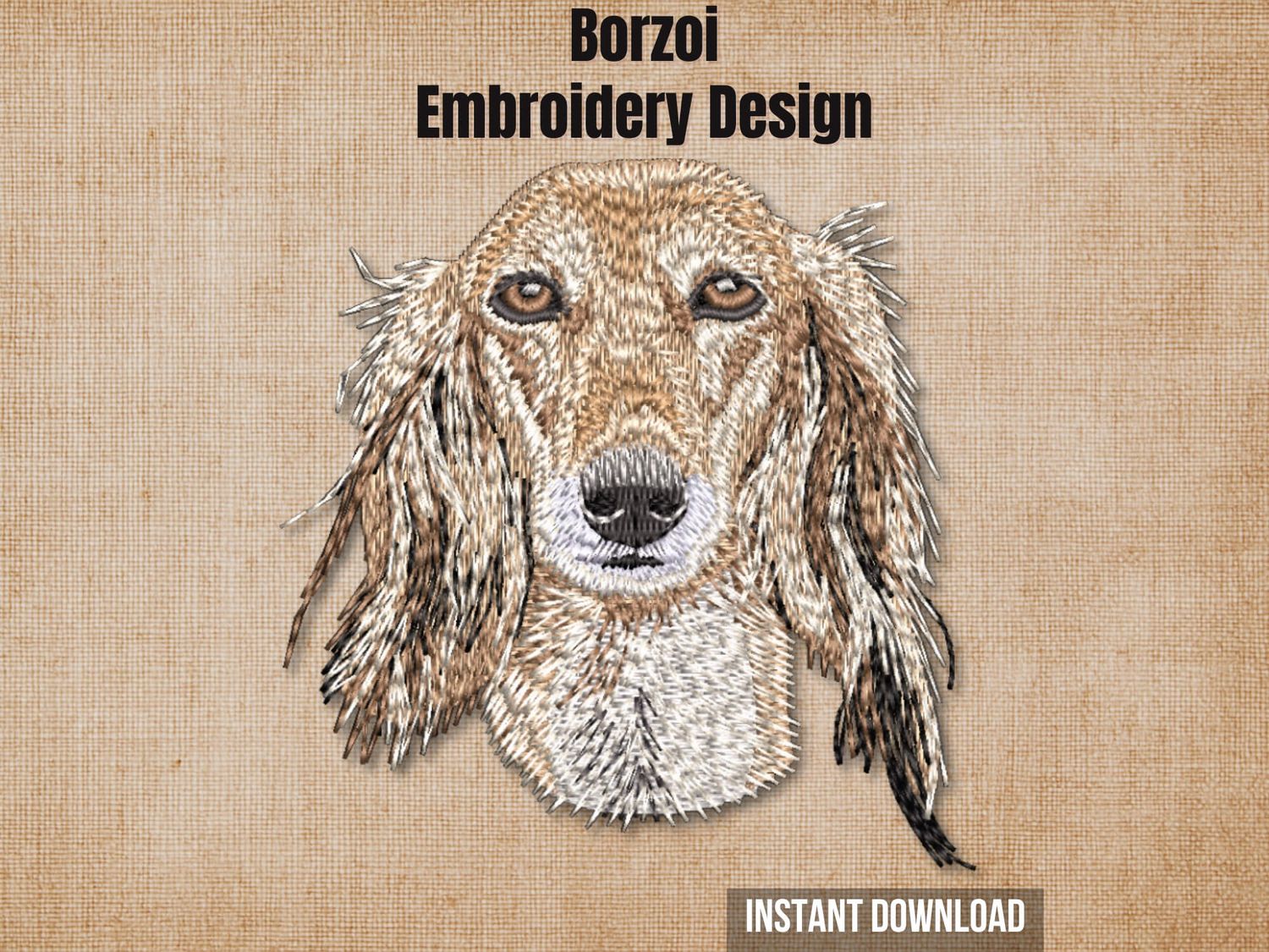 Borzoi dog embroidery pattern graphic on a burlap background with "Instant Download" text.