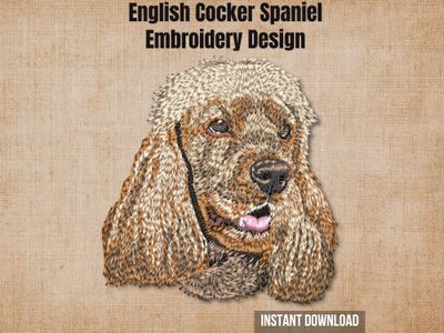 English Cocker Spaniel embroidery pattern on a burlap background with "Instant Download" text.