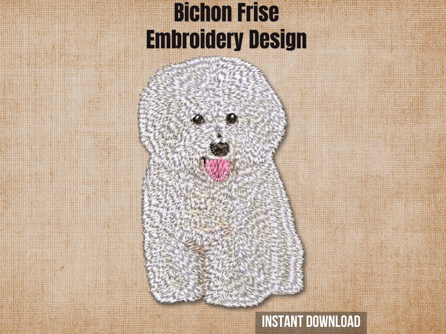 Textured natural burlap background highlighting the Bichon Frise machine embroidery design with an instant download badge.