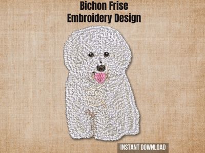 Textured natural burlap background highlighting the Bichon Frise machine embroidery design with an instant download badge.