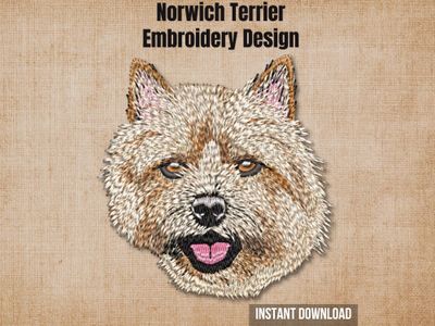 Textured natural burlap background highlighting the Norwich Terrier machine embroidery design with an instant download badge.