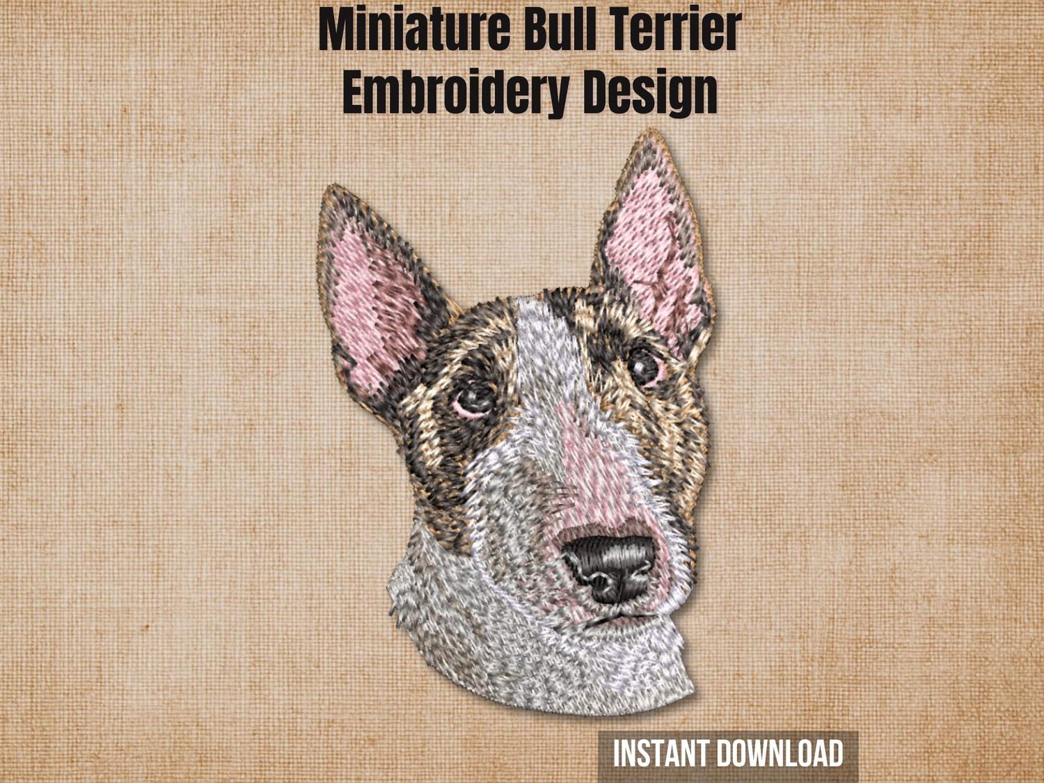Textured burlap background highlighting the Miniature Bull Terrier machine embroidery design with an instant download tag.