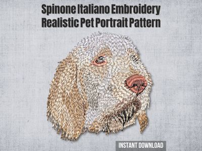 Detailed embroidery of a Spinone Italiano head with tan and white fur, stitched on light fabric with realistic texture.