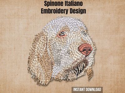 Spinone Italiano embroidery pattern graphic on a burlap background with "Instant Download" text.