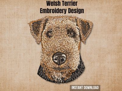 Welsh Terrier embroidery pattern graphic on a burlap background with "Instant Download" text.